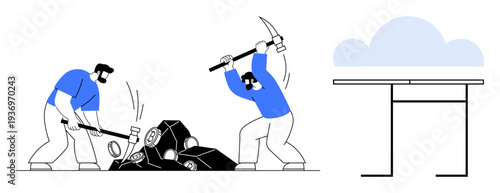 Data mining, resource extraction, cloud storage, digital economy, teamwork, industry. Workers use pickaxes on large rocks. Data mining and cloud storage concepts illustrated
