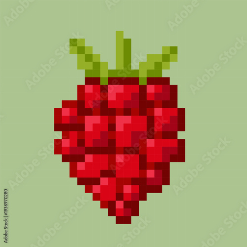 A pixelated illustration of raspberry in a 8 bit style. Vector illustration. Healthy organic fruit symbolizes vitamins, antioxidants, summer harvest and natural nutrition. 