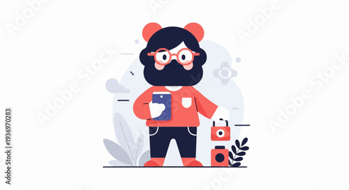 Whimsical character with beard, glasses, phone, and locks in a stylized, modern art setting