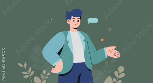 A stylized man in a teal jacket and blue pants stands with one hand outstretched and a speech bubble above his head