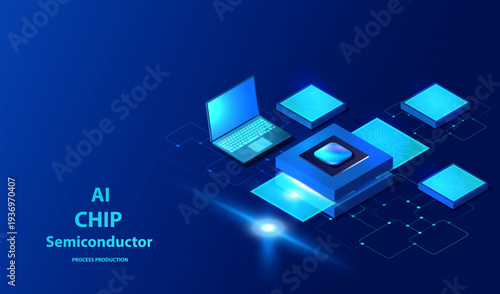 Isometric Concept Of Ai Semiconductor Chip Process Production. Illustration With Circuit Board and CPU Technology Background. Semiconductor Manufacturing Assembly Line Vector.