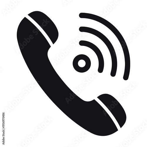 Black and white minimalist phone receiver icon with dynamic signal waves emitting from the center symbolizing communication and connectivity