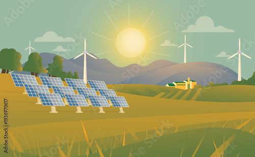 Concept of green renewable energy. Illustrate scenes with solar panels and wind turbines, showcasing the use of clean energy to replace traditional fossil fuels.