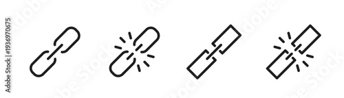 Link icon set. Broken chain link icon. Internet URL or webpage url link. Connection error icon. Editable stroke width