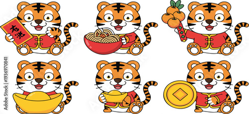 Cute Chinese tiger cub cartoon sticker set with traditional costume holding festive items for Chinese New Year vector illustrations