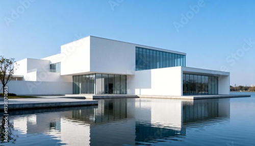 Modern White Architectural Building by Water
