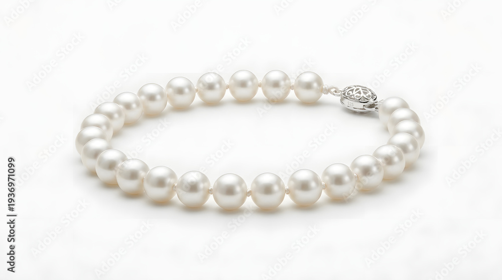 Obraz premium Elegant White Pearl Bracelet with Sterling Silver Clasp and Ornate Design
