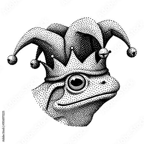 frog wearing jester hat, funny toad in vintage halftone stipple effect, April Fools’ Day illustration