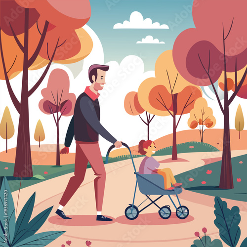 Vector illustration of a man pushing a child in a stroller on a park path