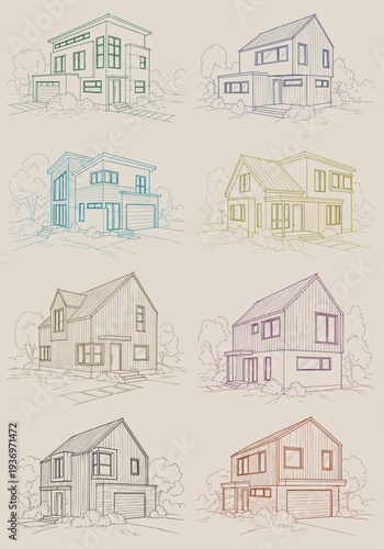 A compilation of stylish modern and contemporary residential houses presented as colorful line art vector sketches against a warm, vintage paper background