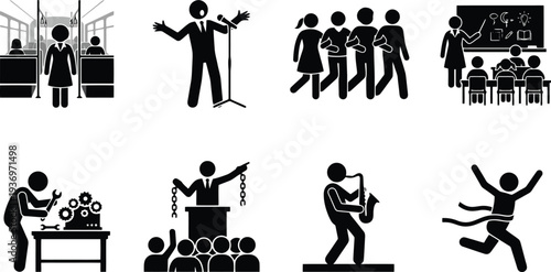 Set of diverse vector icons depicting various human activities and professions in flat design