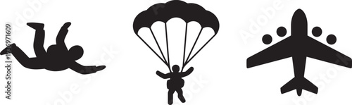 Skydivers with parachute and airplane flying in sky for extreme sports and outdoor activities