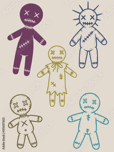 A collection of creepy voodoo dolls in a hand-drawn, grunge vector illustration style, featuring stitched details and cross eyes on a vintage paper background
