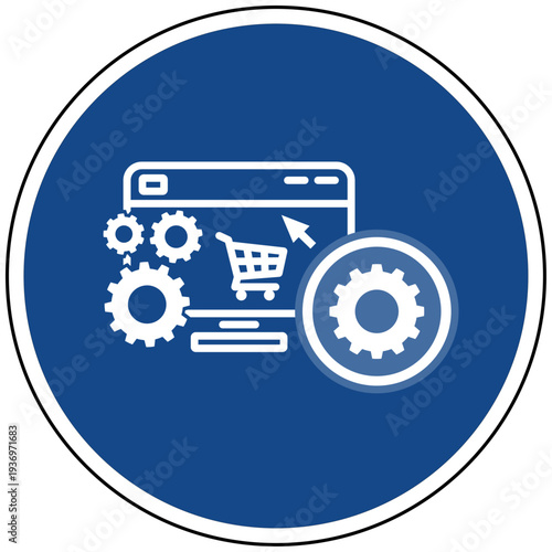 Vektor Icon E-Commerce Einstellung Warenkorb Online Shop Verkauf Zahnrad Symbol Blaues Schild Shopping Konfiguration Webshop Handel Grafik Digital Business