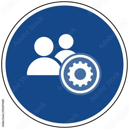Vektor Icon Team Management Einstellung Personal Gruppe Zahnrad Symbol Blaues Schild Community Konfiguration Mitarbeiter Grafik Führung Organisation Kooperation
