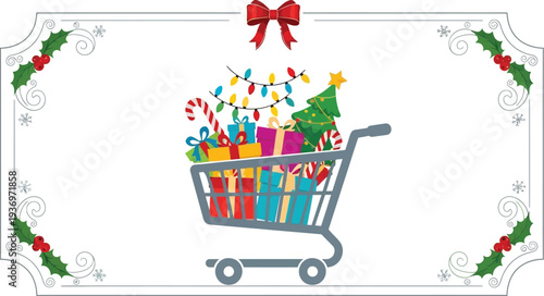 A festive shopping cart filled with colorful gifts and a Christmas tree for holiday shopping