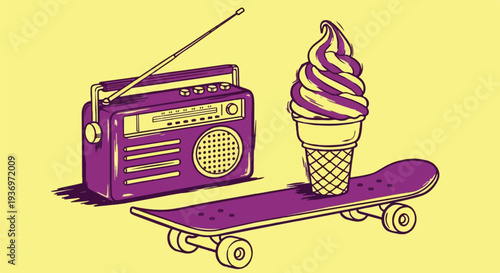 A cool, monochromatic purple-and-yellow illustration featuring a vintage portable radio, a soft-serve ice cream cone, and a skateboard.