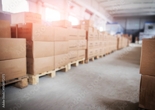 Large warehouse interior with rows of stacked cardboard boxes on wooden pallets, concept of storage and logistics operations. Copy space for text