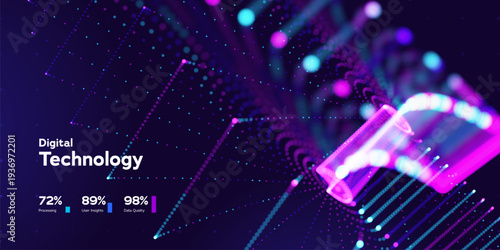 Technology Data Stream Background With Glowing Neon Particle Stack And Dots Representing AI Network, Big Data Processing And Digital Innovation. Digital Technology Systems. Vector Illustration