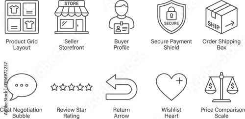 Black and white ecommerce icon set with product grid, seller storefront, and buyer profile