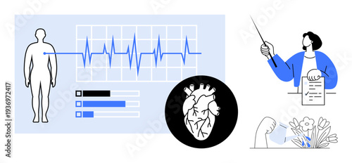 Human body diagram with heartbeat graph, heart anatomy, health stats, doctor advising with clipboard, gardening. Ideal for healthcare, medicine, diagnostics, education wellness heart health