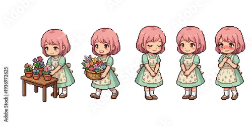 pixel art sweet village florist bachelorette arranging colorful flowers in charming countryside shop