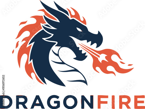 A logo featuring a dragon's head with flames on a white background