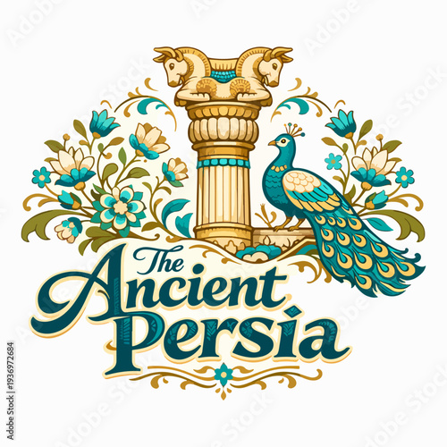 Elegant The Ancient Persia logo with peacocks, floral ornaments, and ancient column, symbolizing royal history, art, elegance, and the cultural grandeur of Persian civilization