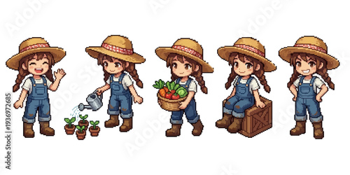 pixel art cheerful farm bachelorette girl with straw hat watering crops in rural life