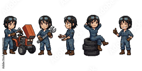 pixel art hardworking farm mechanic bachelorette repairing tractor with confident professional expression