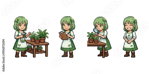 pixel art gentle greenhouse keeper bachelorette caring lush plants in bright farming environment