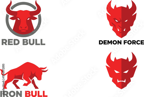 Aggressive bull and demon mascot logo collection featuring strong red animal head emblems, powerful beast symbols and modern esport style branding icons for teams