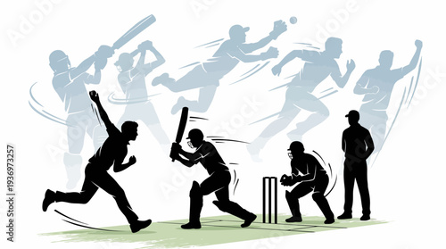 Dynamic Cricket Players Vector Silhouettes Collection | Batting Bowling Fielding Wicketkeeping Catching Celebrating Sports Icons | Black Action Poses Vector Art for Cricket Design