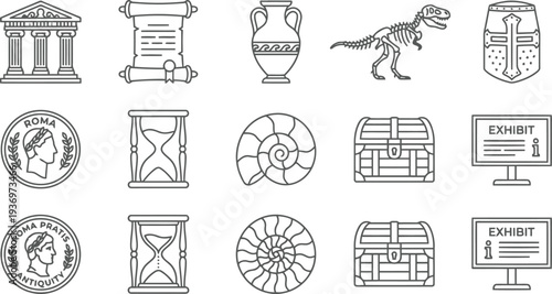Collection of black and white line icons representing museum exhibits and historical artifacts