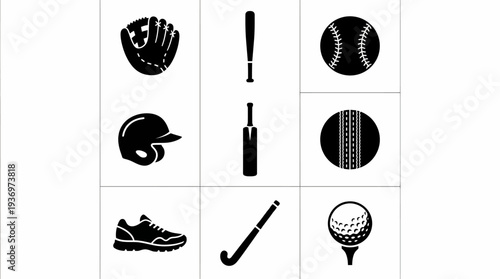 Cricket Icons Vector Set | Wicket Bats Helmet Ball Jersey Cap Gloves Championship Logo | Black and White Sports Equipment Vector Art for Cricket Design Collection