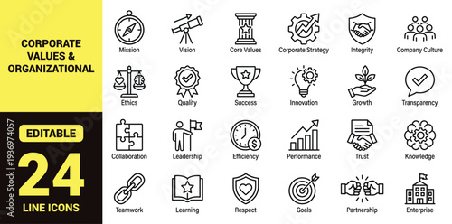 Corporate values and organizational principles icon set with mission, vision, ethics, leadership, teamwork, innovation, growth, and essential corporate ranking symbols in clean modern line‑art style