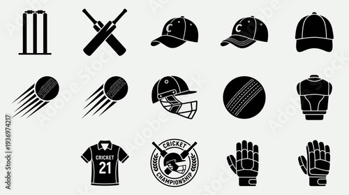 Cricket Icons Vector Set | Wicket Bats Helmet Ball Jersey Cap Gloves Championship Logo | Black and White Sports Equipment Vector Art for Cricket Design Collection
