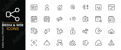 Media and web interface line icons set featuring image gallery, video player, audio controls, file upload, cloud storage, sharing, camera