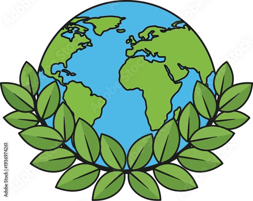 Earth globe protected by a vibrant green laurel wreath, symbolizing global peace, environmental conservation, and sustainable development for a better future.