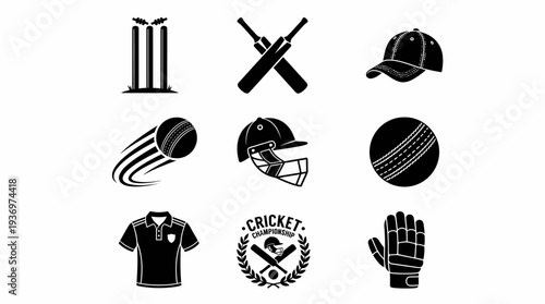Cricket Icons Vector Set | Wicket Bats Helmet Ball Jersey Cap Gloves Championship Logo | Black and White Sports Equipment Vector Art for Cricket Design Collection