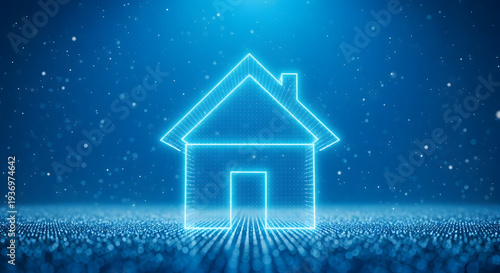 Glowing blue neon house outline in a starry night sky with radiant beams