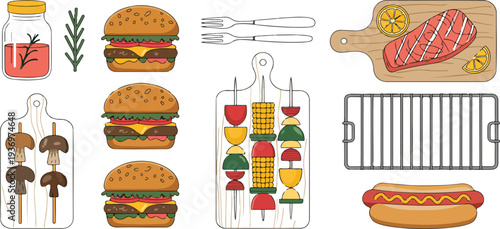 Barbecue food vector set with grilled salmon sausages skewers burgers hot dogs on wooden boards colorful cartoon cooking illustrations