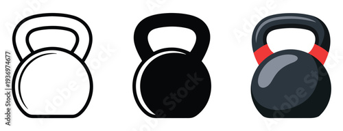 three kettlebell icons outline, silhouette and realistic color illustration for fitness and weight training, gym equipment pictogram collection, strength exercise and bodybuilding concept isolated
