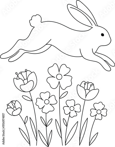 Adorable cartoon rabbit gracefully leaping over a charming collection of spring flowers in a delightful outline drawing perfect for children's activities and designs.