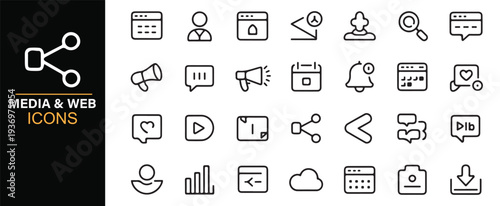 Digital media and online platform vector outline icons