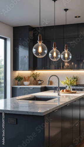 Modern kitchen with sleek black cabinets and marble countertop features three stylish pendant lights hanging above island. space is accented with greenery and natural light, creating warm