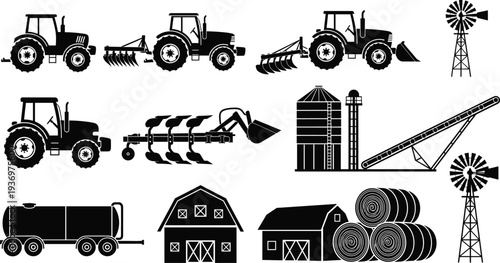 Agricultural farm equipment silhouettes set with tractors, plow, silo, barn, windmill, hay bales and water tanker for farming