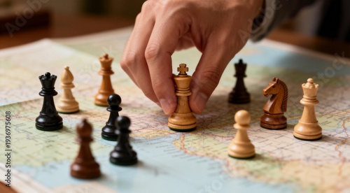 Hand Moves Wooden Chess Piece on World Map