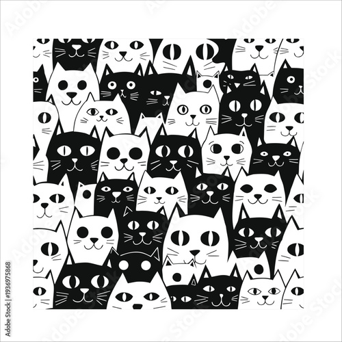 Cat vector pattern with cat faces. Seamless print illustration for children. black and white