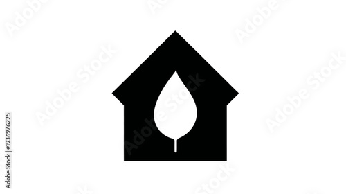 Black graphic depicting a house silhouette with a leaf, all in a minimalist white background